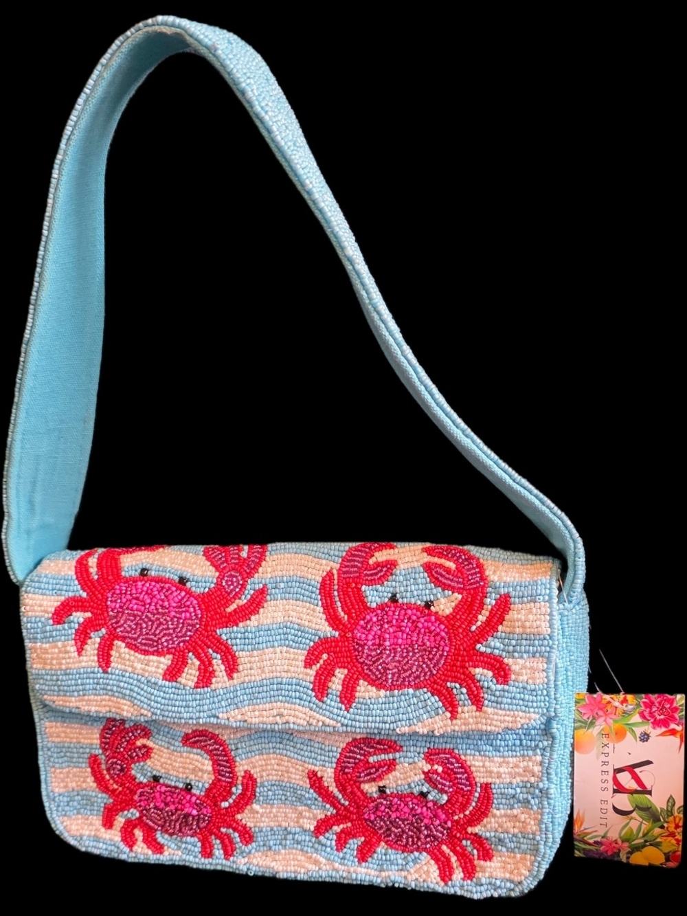Beaded Crab Motif Shoulder Bag in Light Blue and Red